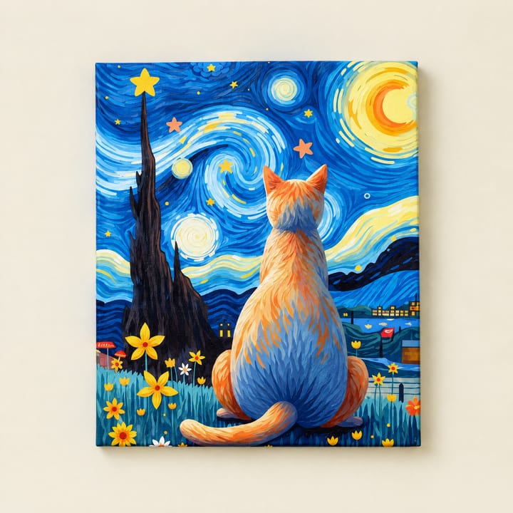 Starry Cat Paint by Number Kit, Orange cat in flower field